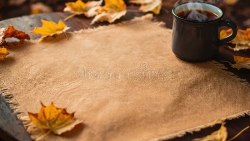 A cup of coffee sitting on a table with leaves, AI royalty free stock photo
