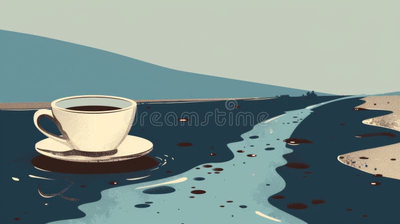 A cup of coffee sitting on a table in the middle of water, AI vector illustration
