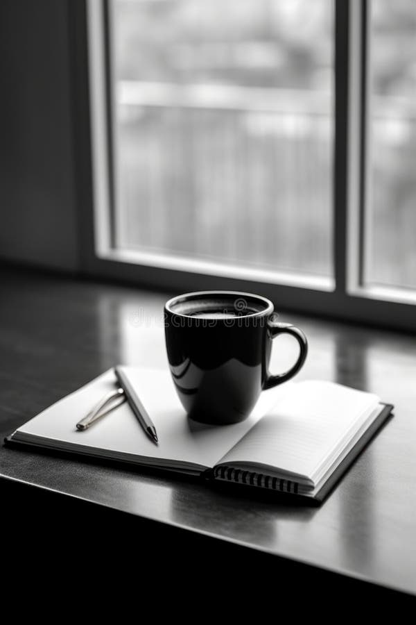 A cup of coffee sitting on top of a notebook. Generative AI image. vector illustration