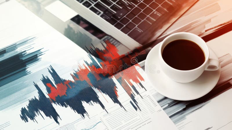 A cup of coffee sitting on top of a table next to an open laptop, AI stock photos