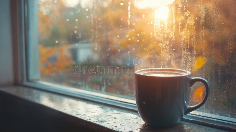 A cup of coffee sitting on a window sill with rain drops, AI stock image