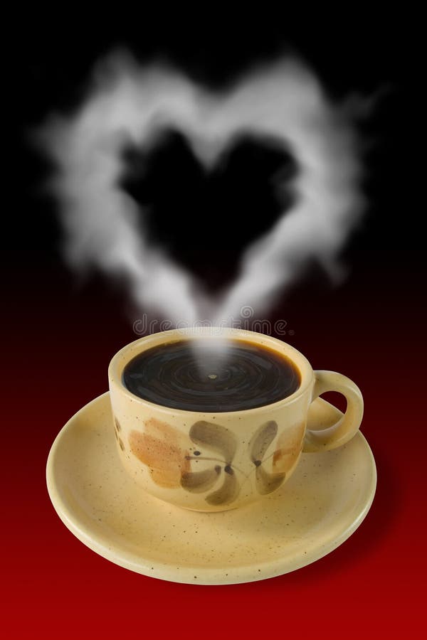 Cup of coffee and steam like a heart, red-black background. Warm steam stock images, royalty-free photos and pictures