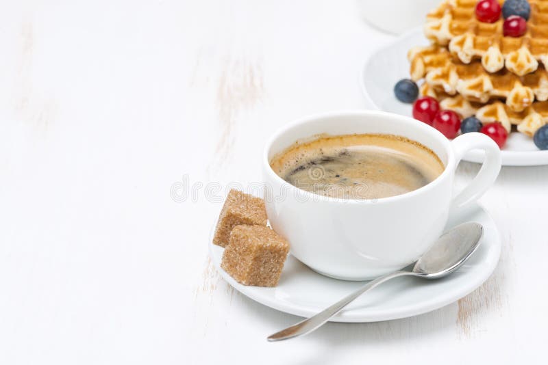 Cup of coffee with sugar and waffles (with space for text)
