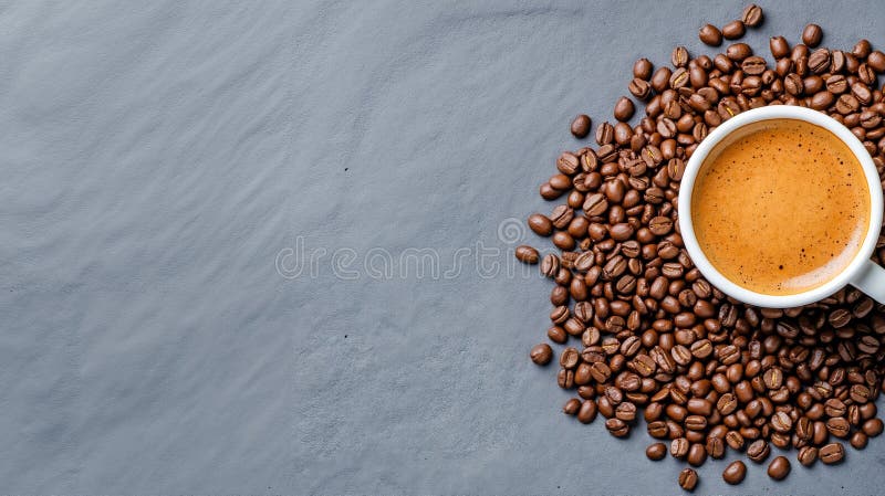 A cup of coffee surrounded by coffee beans on a gray surface stock photos