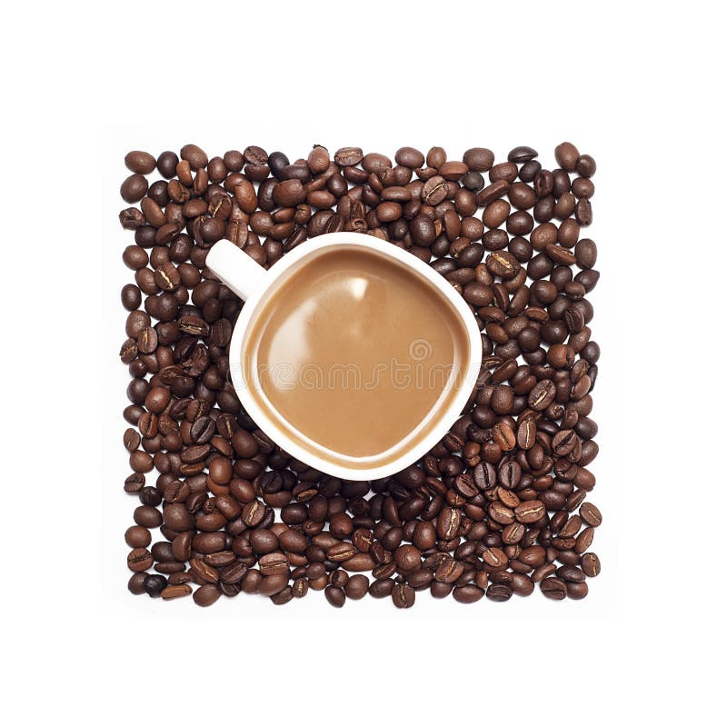 Cup of coffee surrounded by coffee beans stock photos