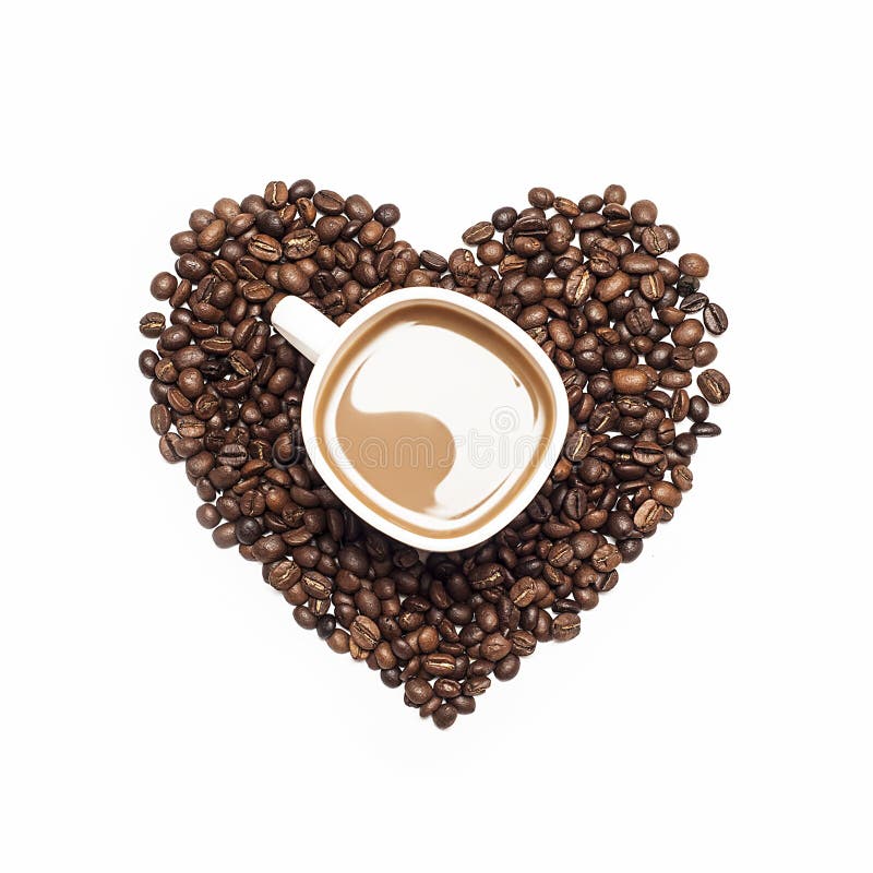 Cup of coffee surrounded by coffee beans in shape of heart stock photo