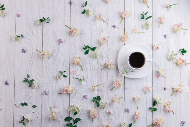 Cup of coffee surrounded with flowers royalty free stock photo