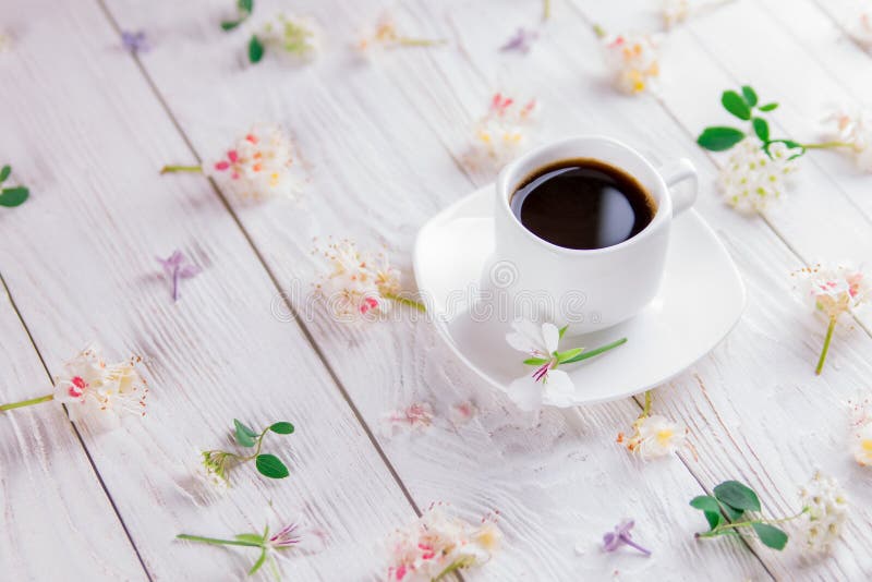 Cup of coffee surrounded with flowers royalty free stock photos