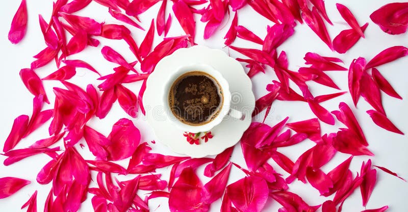 Cup of coffee surrounded by flower petals royalty free stock photos