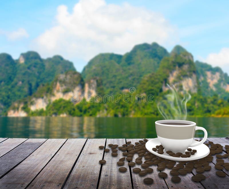 Cup with Coffee on Table Over Lake Stock Image Image of aroma, food