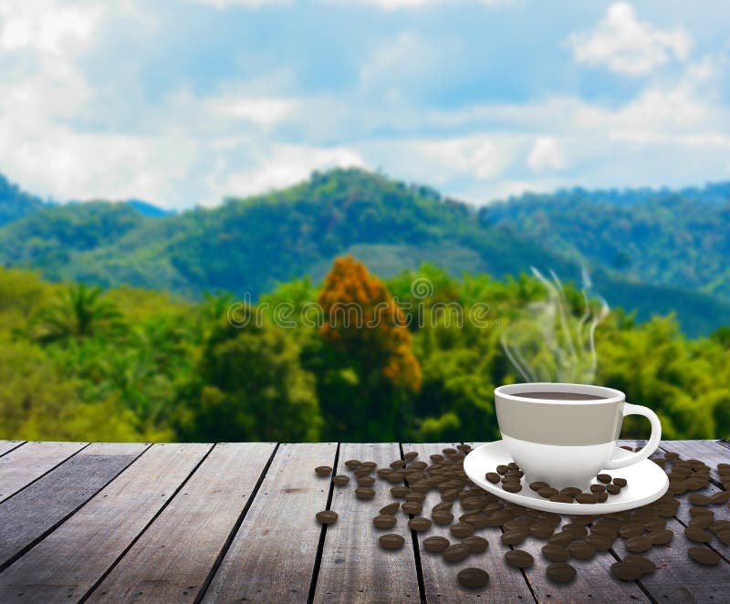 Cup with Coffee on Table Over Mountains Stock Image Image of pond