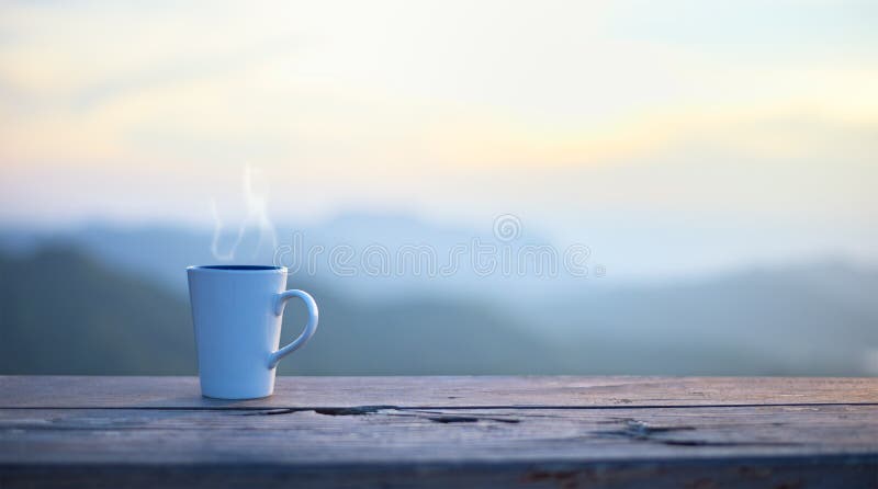 Cup With Coffee On Table Over Mountains Landscape Stock Photo Image Of Cappuccino Natural 86600442
