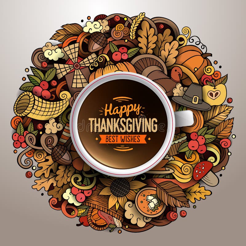 Cup of Coffee with Thanksgiving Doodle Design Stock Vector