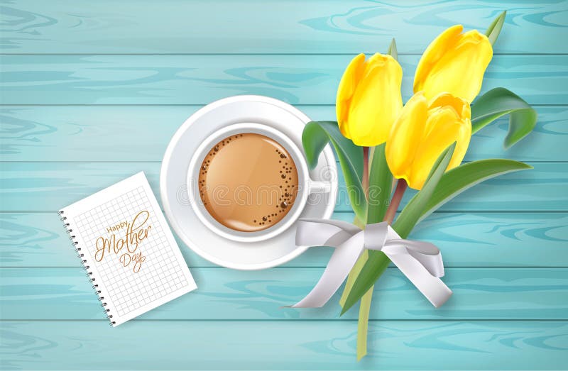 Cup of coffee and tulip flowers bouquet Vector realistic. Spring summer season card illustrations. White bouquet and.