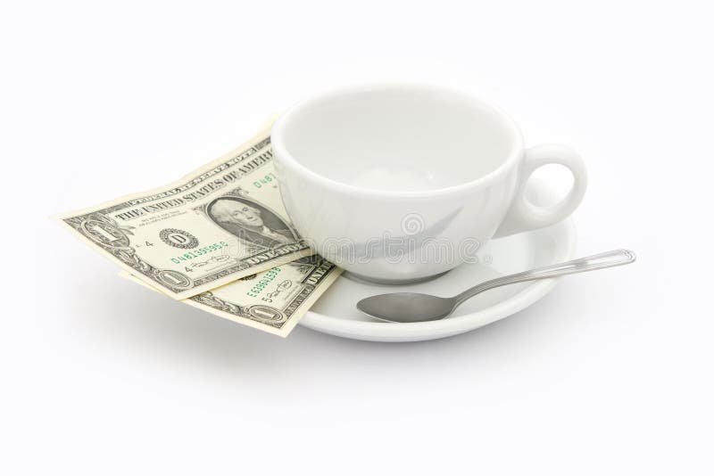 Cup of coffee with two dollars tip