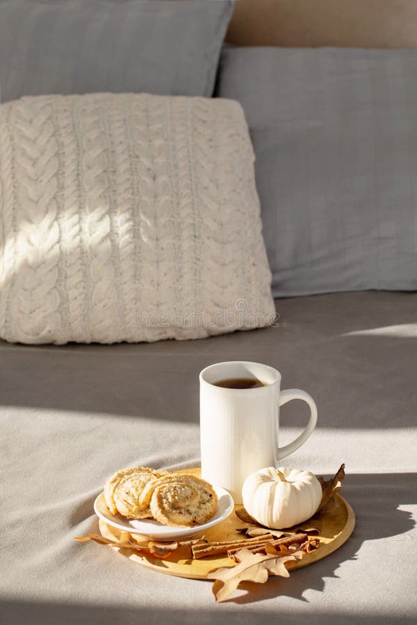 Cup of Coffee on Tray on Bed in Cozy Bedroom Stock Photo Image of