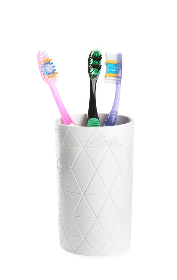 Cup with Different Toothbrushes Near Sink Stock Image Image of