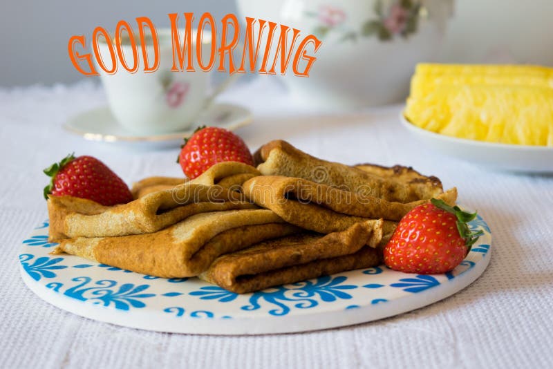 Cup of drink with text `Good Morning` greeting stock photo