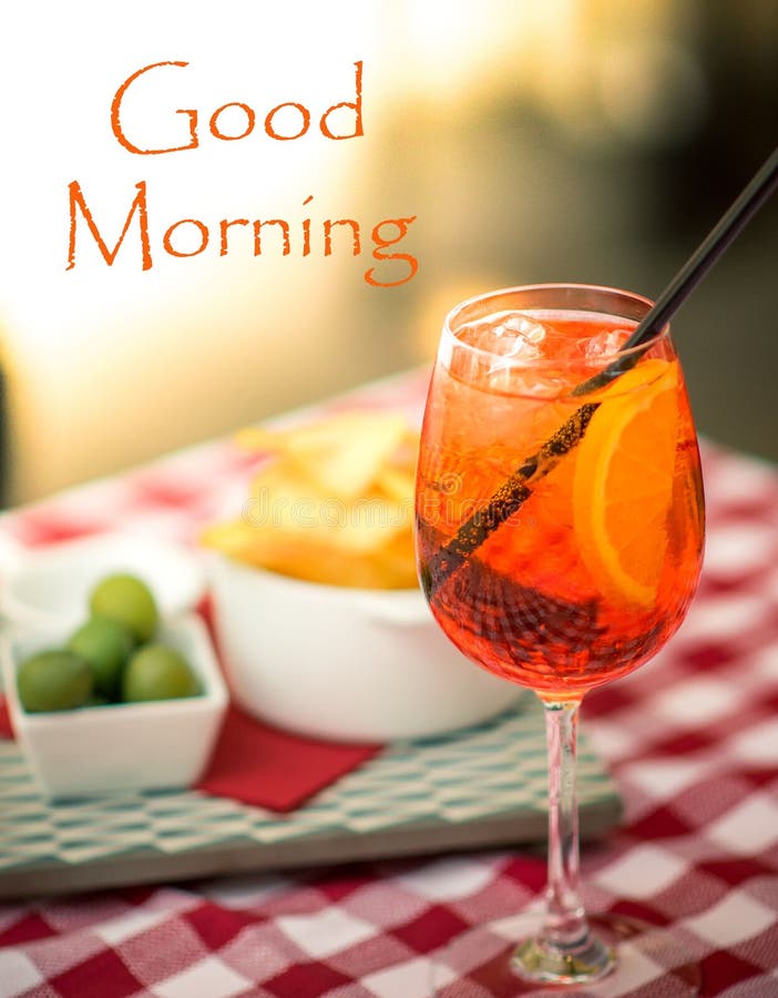 Cup of drink with text `Good Morning` greeting stock photos