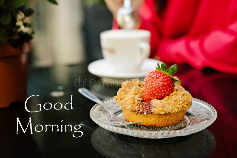 Cup of drink with text `Good Morning` greeting stock photography