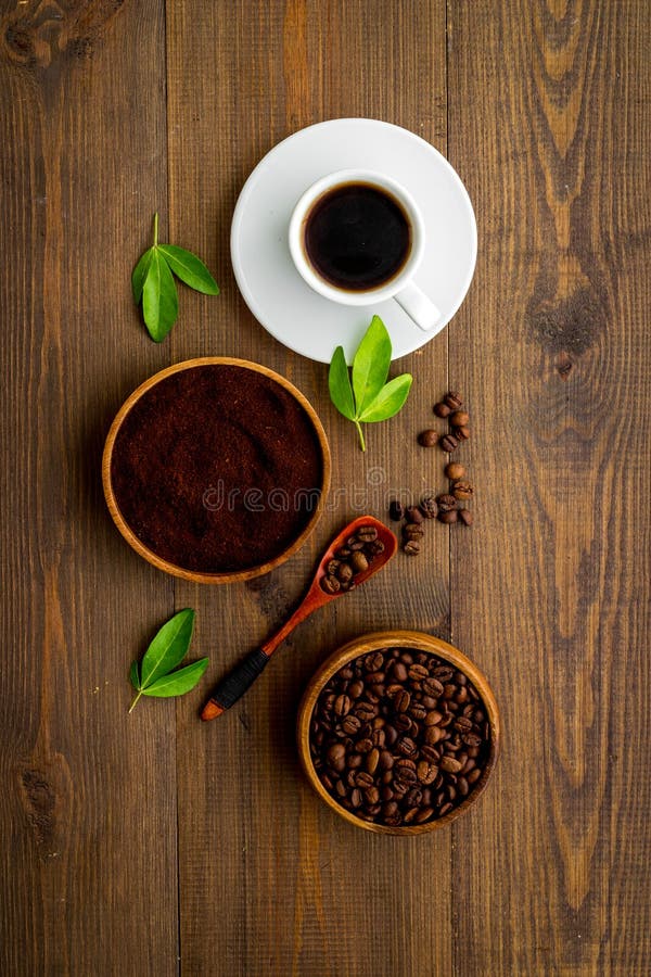 Cup of Espresso Coffee Beans and Ground Powder, Top View Stock Image