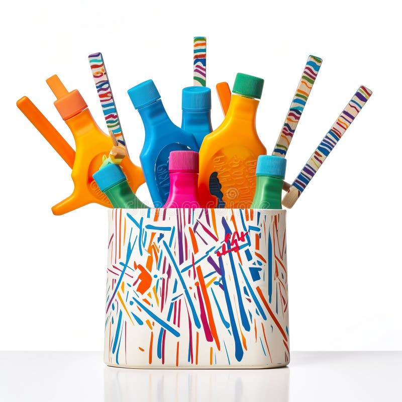 A cup filled with lots of different colored toothbrushes. AI generative image vector illustration