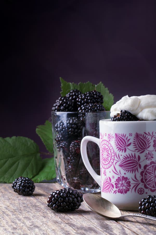 Cup of Fresh Natural Blackberries with Whipped Cream Stock Photo