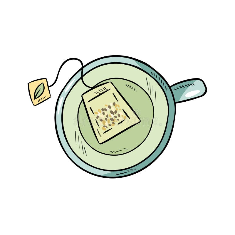 Cup of Green Tea. Hand Drawn Cartoon Style Green Tea Bag Drink Stock