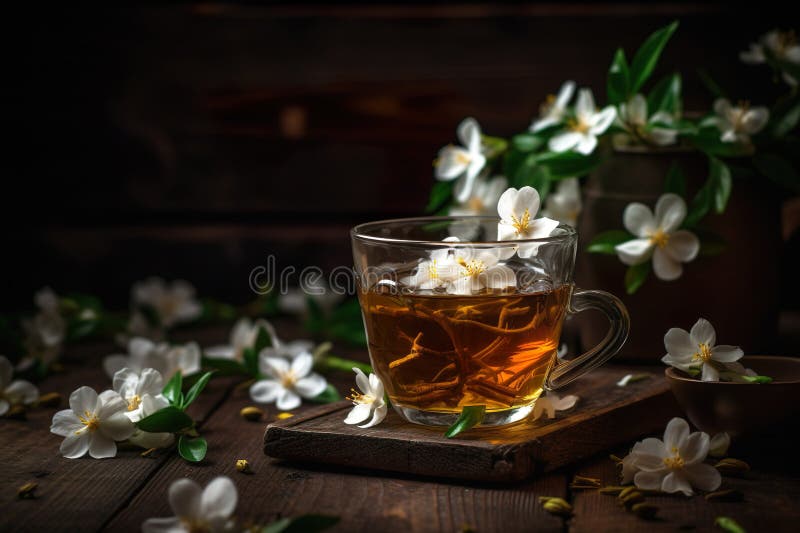 A Cup of Green Tea and White Jasmine Flowers. Generative AI Stock