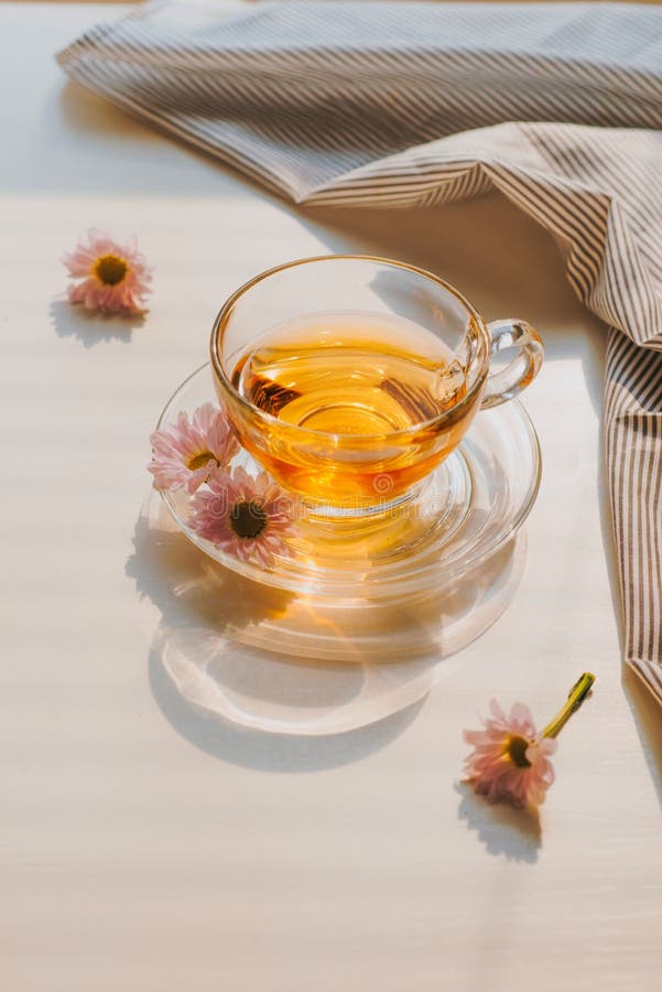 Cup of Herbal Chamomile Tea on a Table. Chamomile Tea in a Transparent