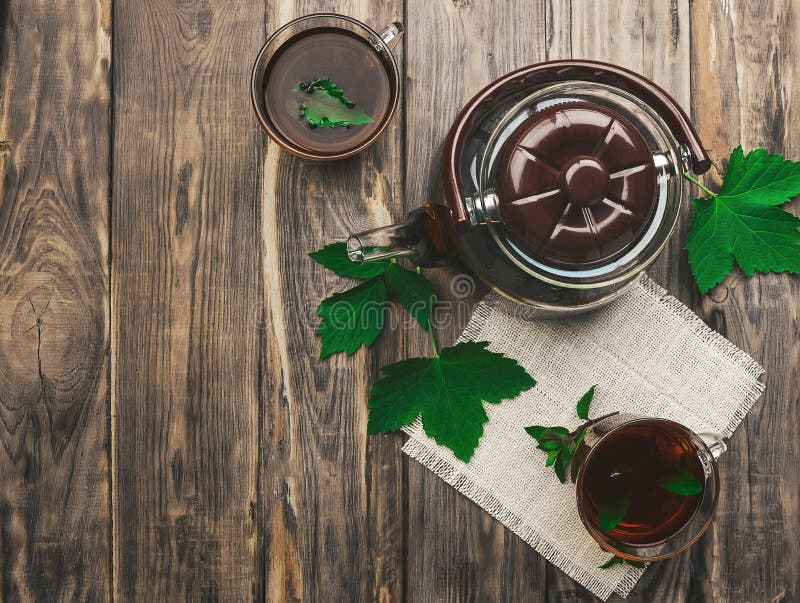 Cup with herbal tea on a background of fragrant green leaves and natural materials