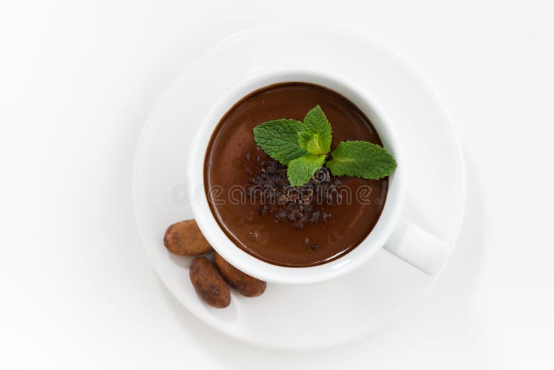 Cup with hot chocolate decorated with mint, top view