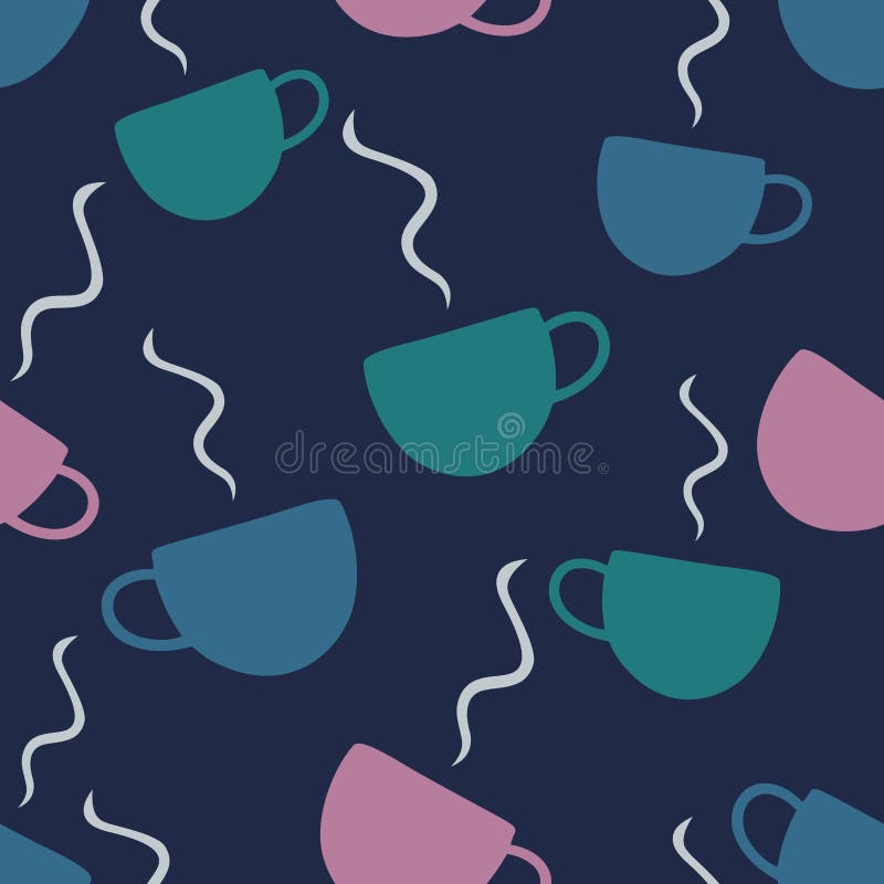 A Cup of hot coffee. Infinite vector pattern. Steam rises into the air. An invigorating drink on an isolated blue background. Flat royalty free illustration A Cup of hot coffee. Infinite vector pattern. Steam rises into the air. An invigorating drink on an isolated blue background. Flat royalty free illustration