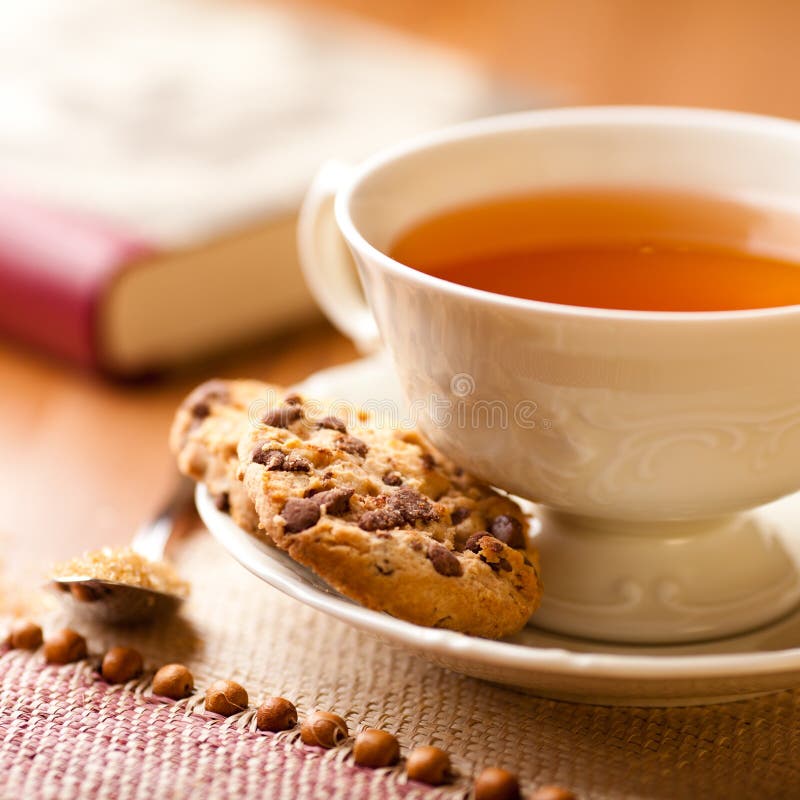 Cup Of Hot Tea And Chocolate Chip Cookies Stock Image Image 21593231