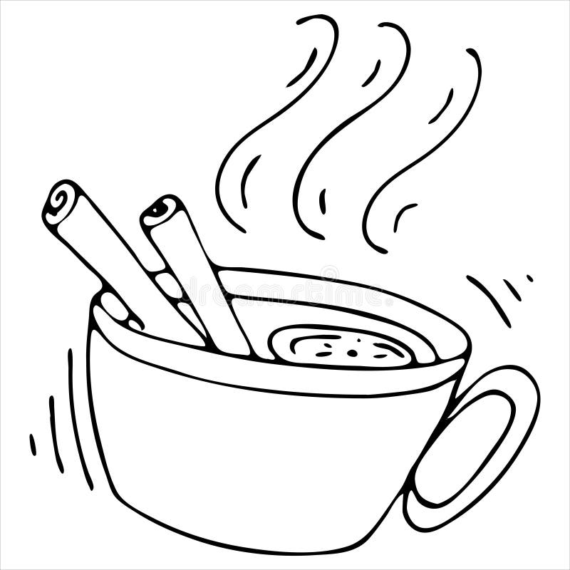 Cup with hot tea with lemon and cinnamon, coloring book, doodle style vector element royalty free illustration