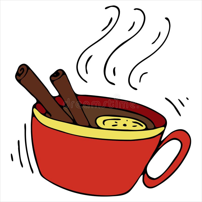 Cup of hot tea with lemon and cinnamon, doodle style vector element royalty free illustration