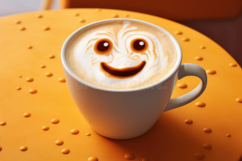 A Cup of Latte with an Emoji Design in the Foam Stock Photo Image of