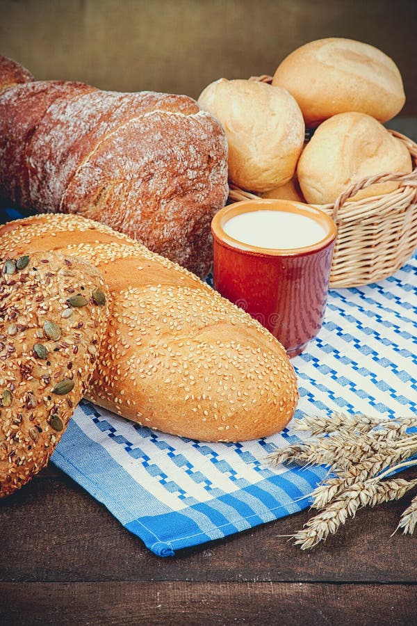Assortment of Baked Bread with Milk Cup Stock Photo Image of