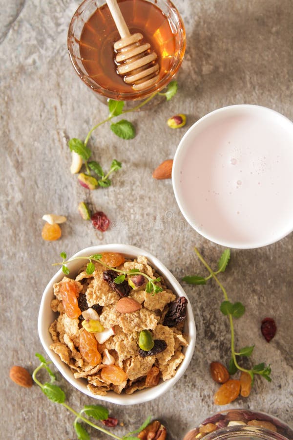 Cup of Muesli with Strawberry Milk and Honey Stock Photo Image of