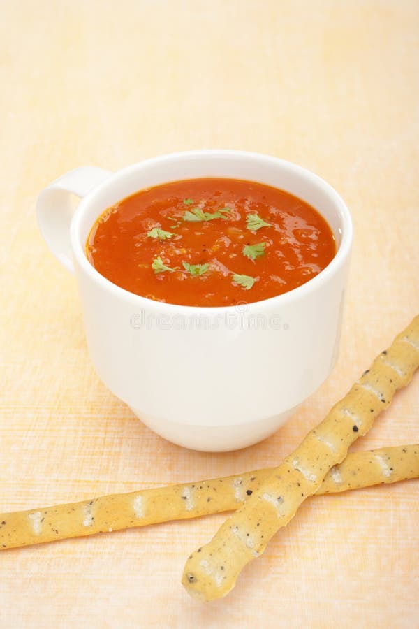Cup Mug Low Fat Tomato Soup Bread Sticks Stock Photo Image of tomato, colour 25793740