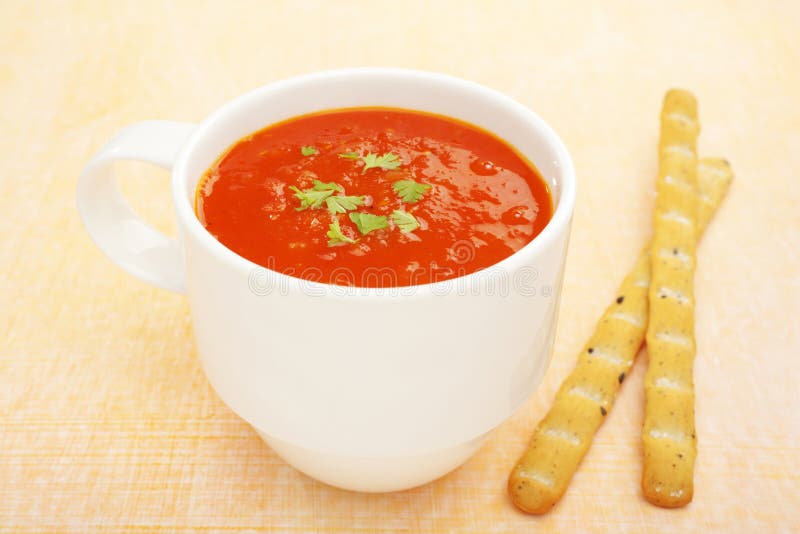 Cup Mug Low Fat Tomato Soup Bread Sticks Stock Photo Image of tomato, colour 25793740