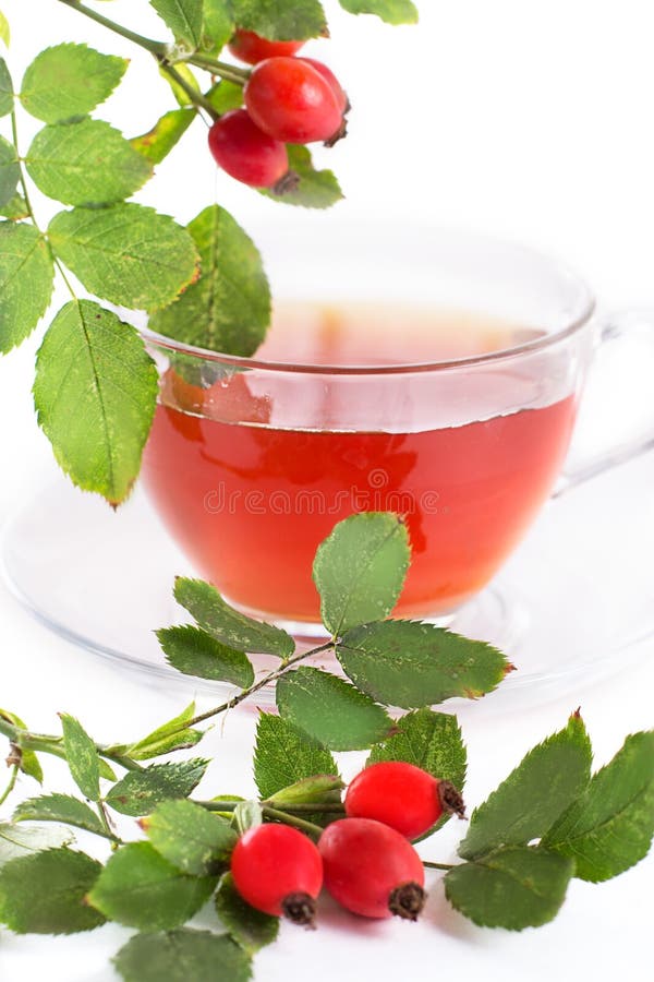 Cup of rose hip tea and berries