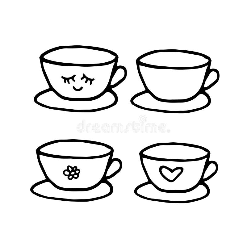 Cup and saucer hand drawn set of elements in doodle style. vector scandinavian monochrome minimalism. tea, coffee, kitchen