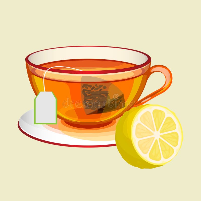 Cup on saucer with tea bag, water and fresh lemon