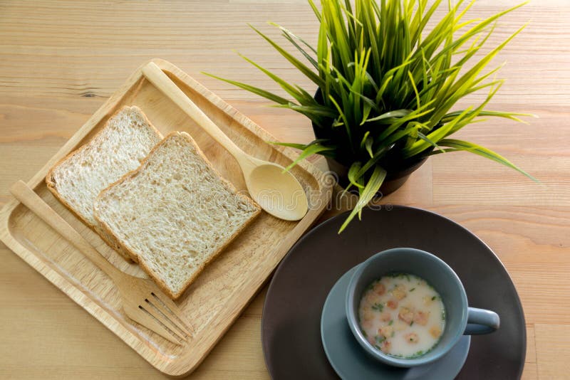 Cup Soup with Bread Breakfast on the Wood Table Stock Photo Image of