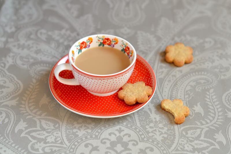 Cup of Tea and Biscuits on a Light Grey Surface Stock Image Image of