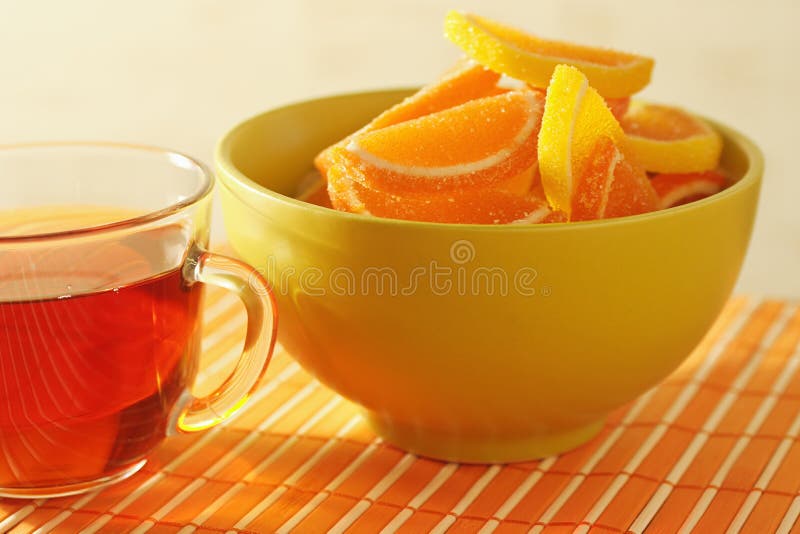 Cup of Tea and Fruit Jelly on a Bamboo Table Cloth Stock Image Image