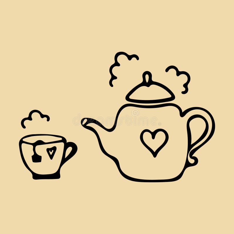 A Cup of Tea and a Kettle, Hand Drawn Doodle Sketching, for Cozy