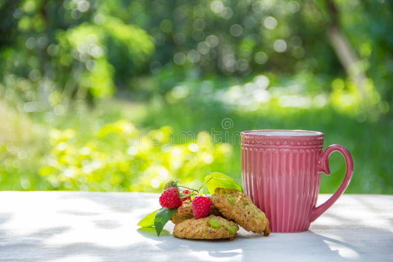 A cup of tea and oatmeal cookies in the summer garden