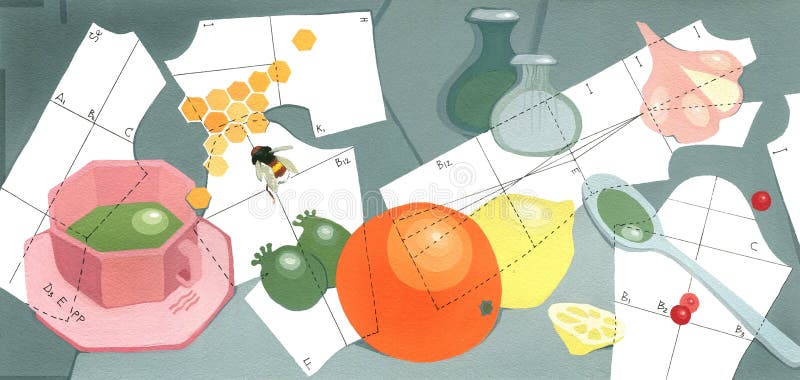 Vitamin pattern, Cup of tea, orange, lemon, pineapple guava, honey comb and garlic royalty free illustration Vitamin pattern, Cup of tea, orange, lemon, pineapple guava, honey comb and garlic royalty free illustration